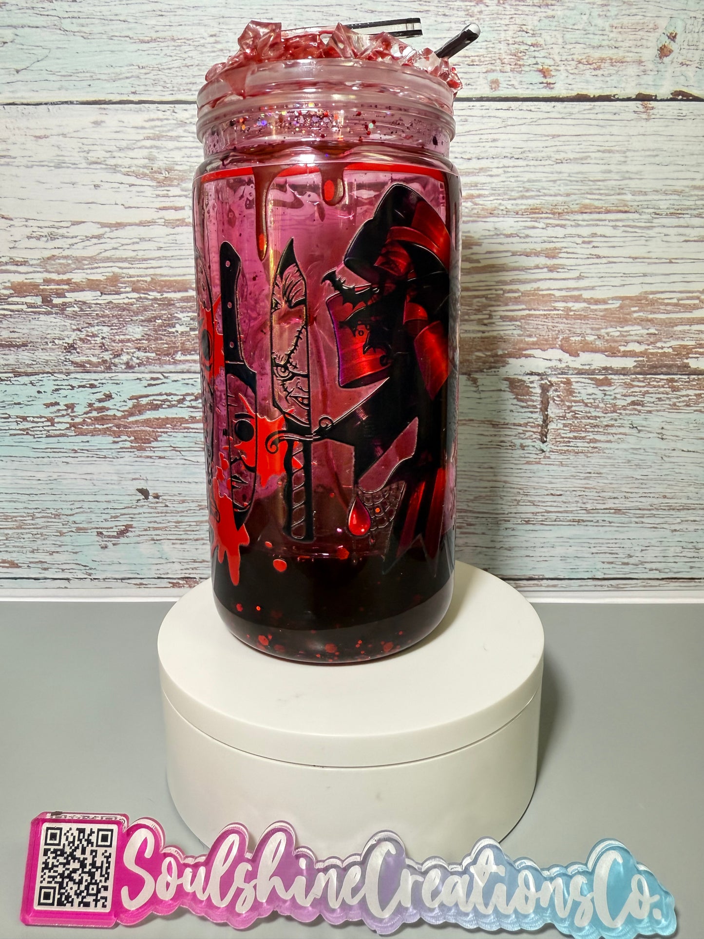 (1)- Ready To Ship /BOYS OF HALLOWEEN HORROR BL00D DRIP Design 16OZ ACRYLIC Snow Globe Tumbler
