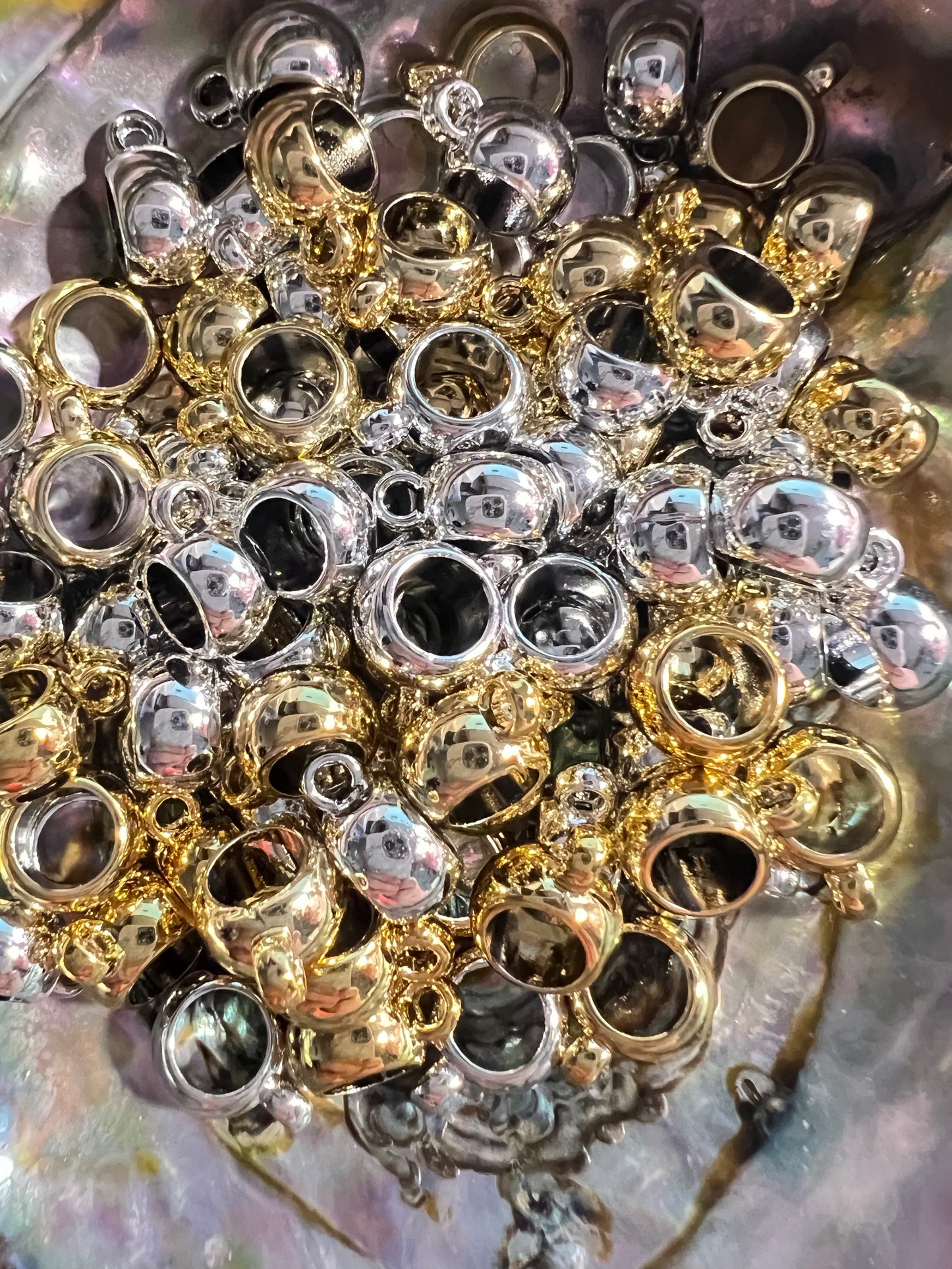 10 PCS- 9mm Silver & Gold Acrylic Charm/Bail Beads/Attachment/Hanger Bead image 0