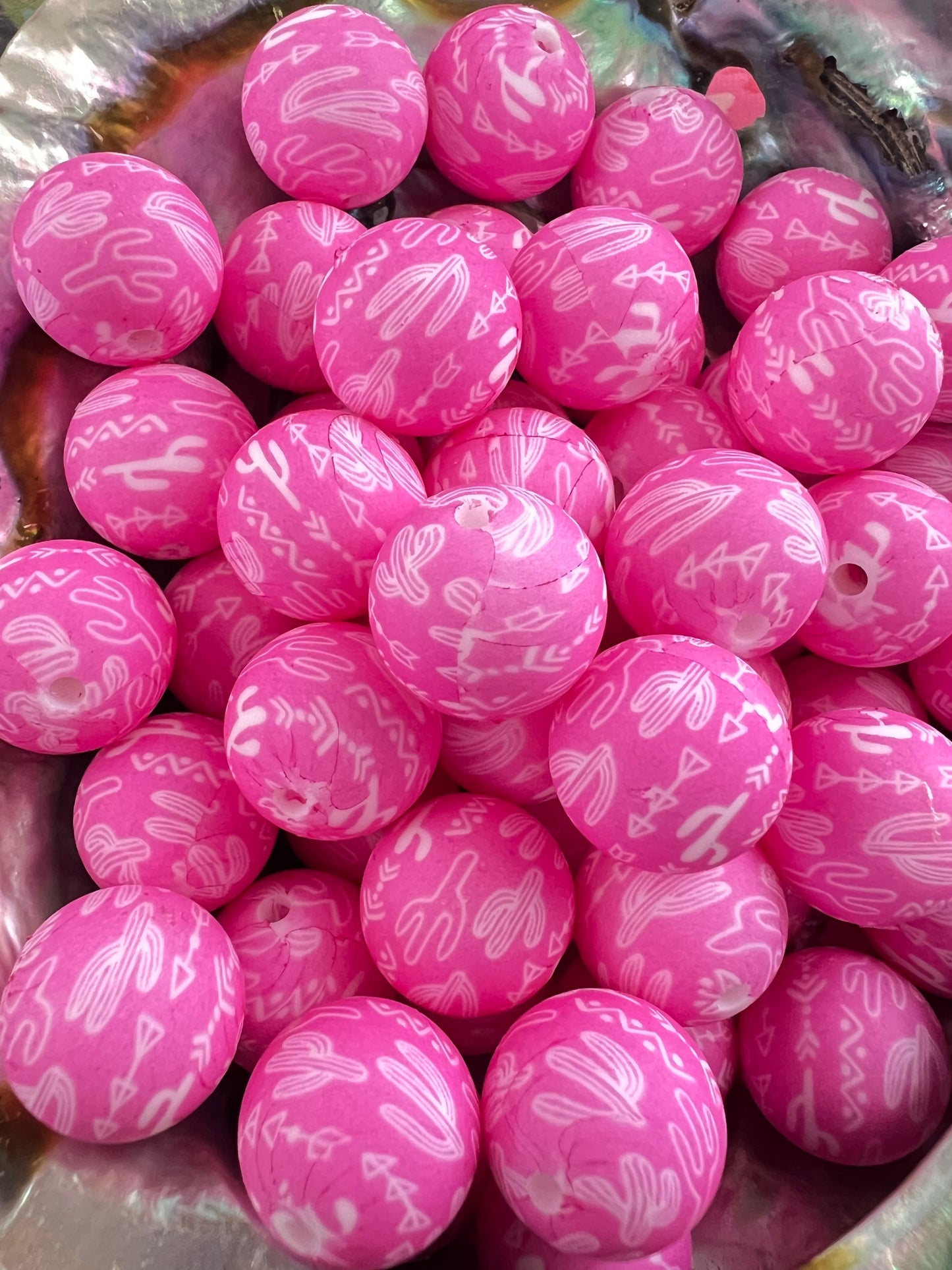10 PCS- 15mm Pink/White Round Cactus/Western Print Silicone beads image 0