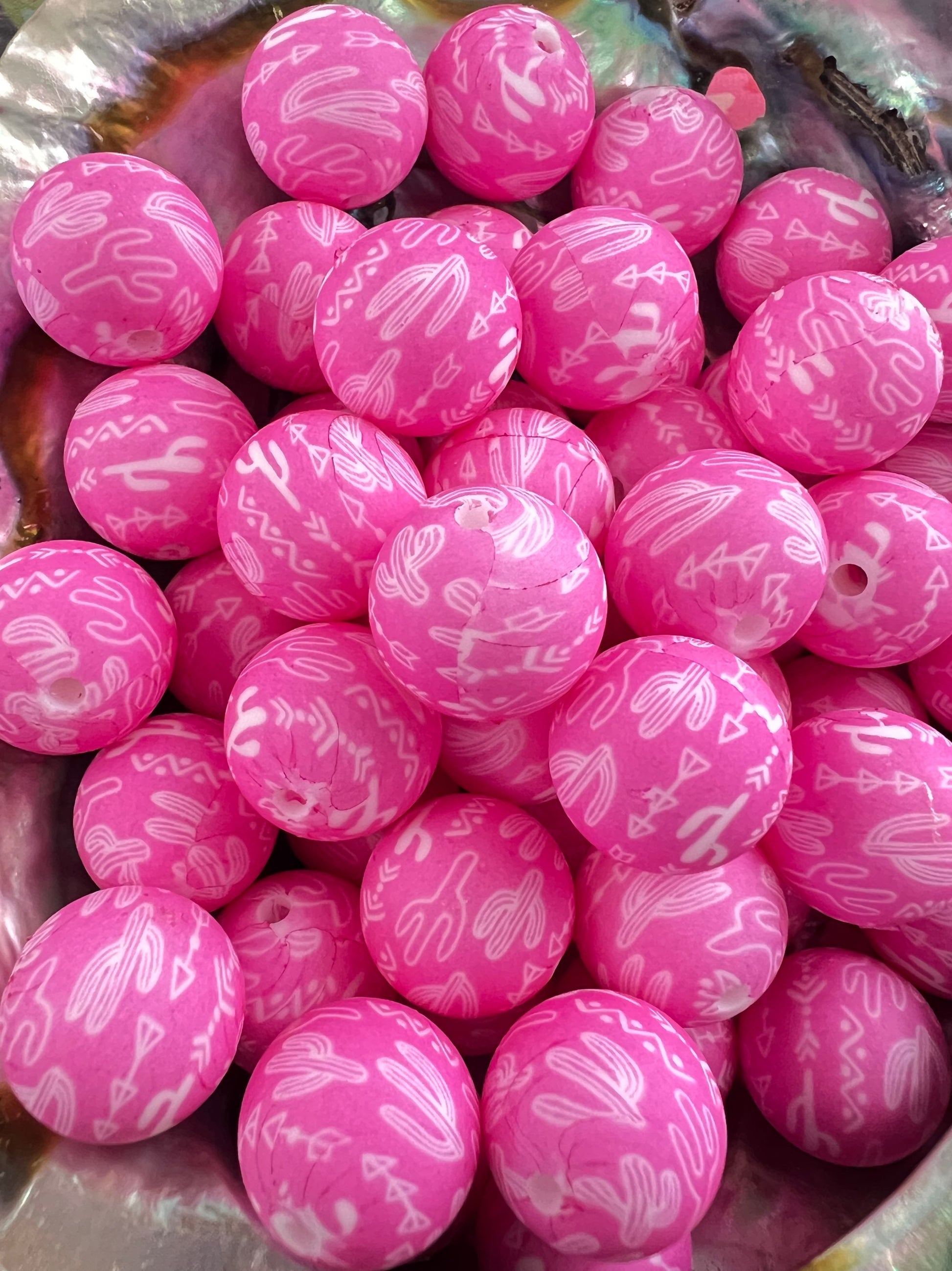 10 PCS- 15mm Pink/White Round Cactus/Western Print Silicone beads image 0