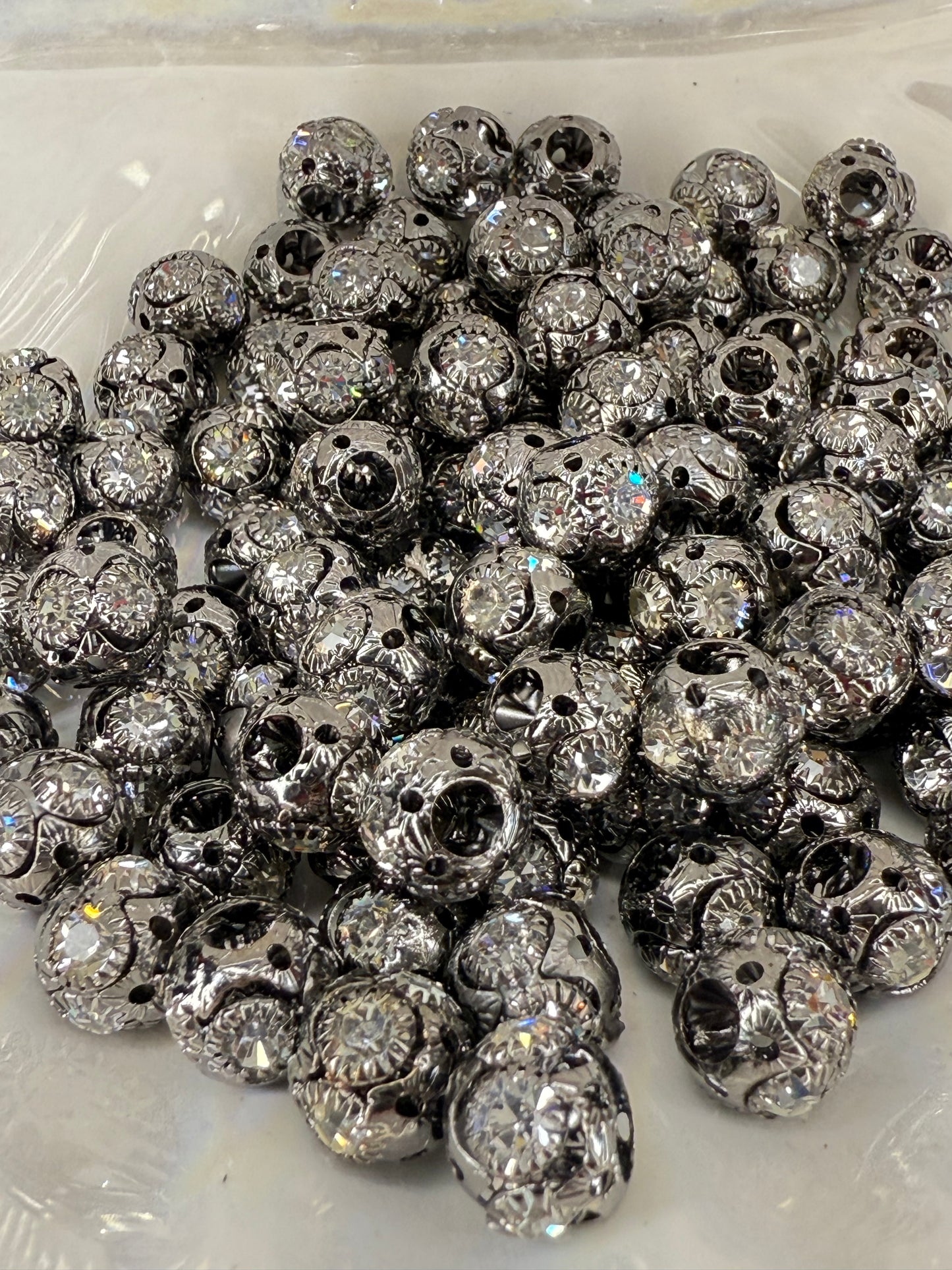 R87-(10PCS) 10mm High-Quality Charcoal Gray Round W/Rhinestone Alloy Spacer/Wheel Beads for DIY