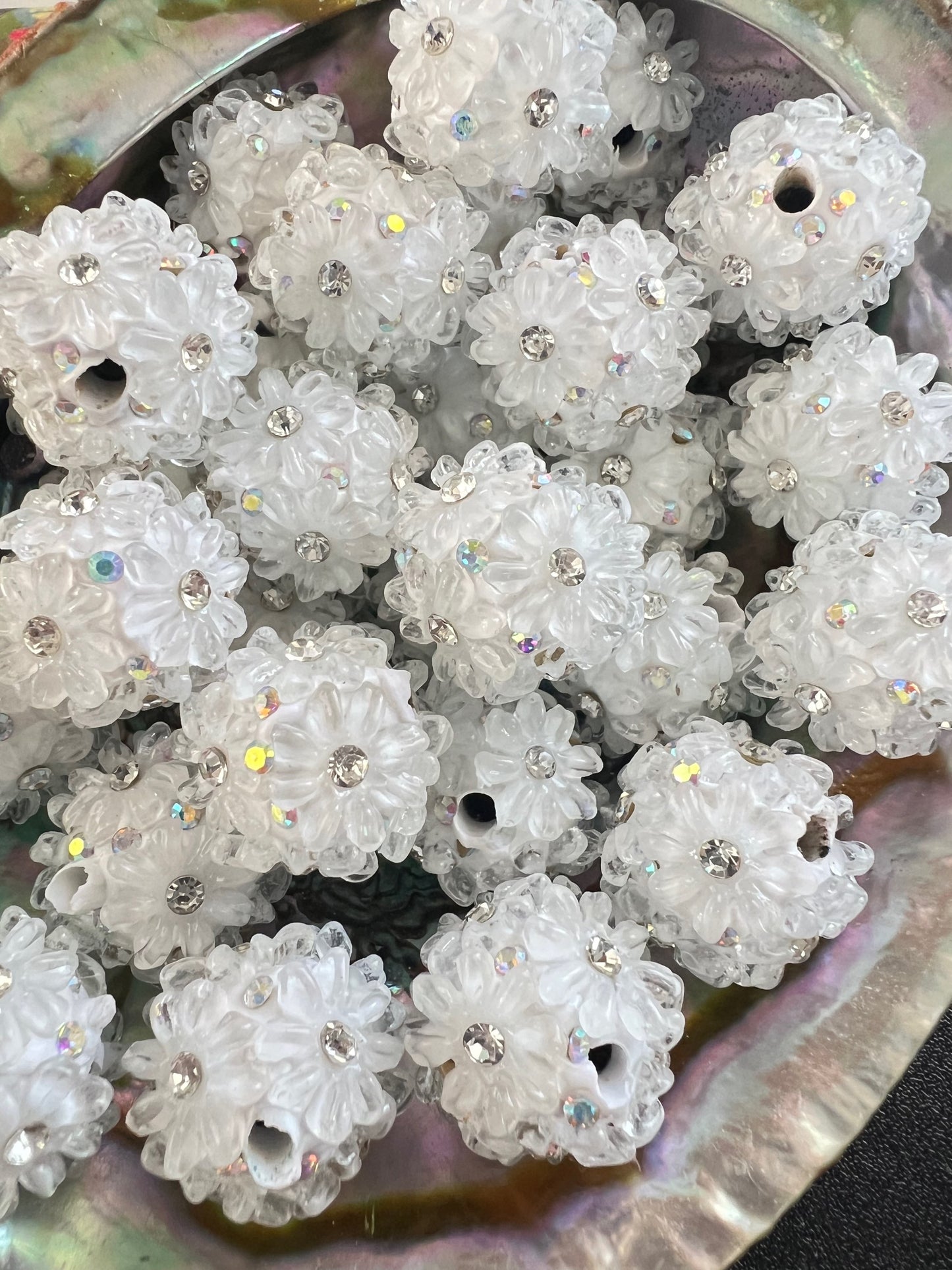 5 PCS- 23mm Round White/AB Rhinestone W/ Clear Daisy Flowers Clay Beads image 0