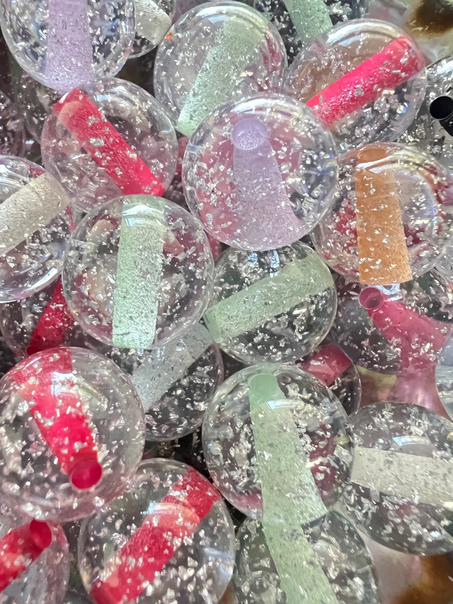 10 PCS- 15mm Round Mixed Colors Clear W/Silver Glitter Flake Resin Beads image 1