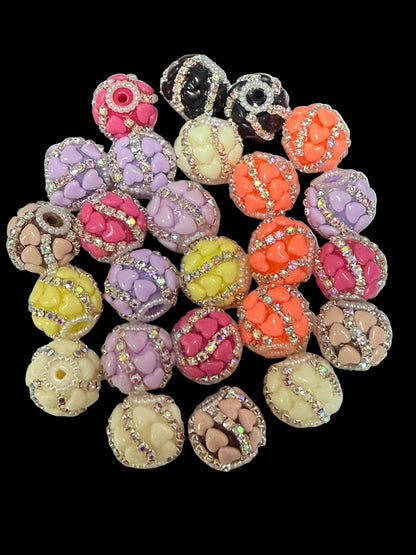 R138- (5PCS) 19mm High Quality Mixed Colors Round Rhinestone W/Hearts Beads for DIY