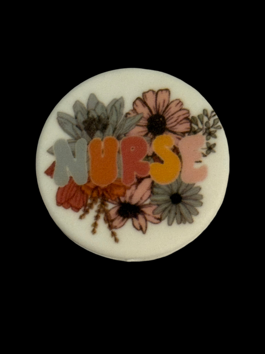 F/C14- (1)PC 1.1" Round Floral NURSE Focal Bead for DIY Keychains, Wristlets, Cup Charms, Car Charms ETC