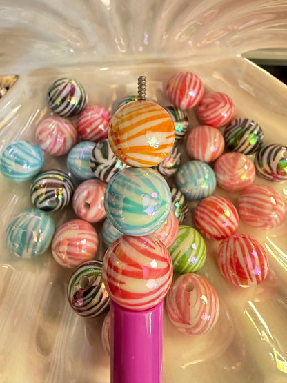 B14- (10PCS) 16mm Mixed Color Zebra stripes UVAB Bubblegum Acrylic Beads for DIY