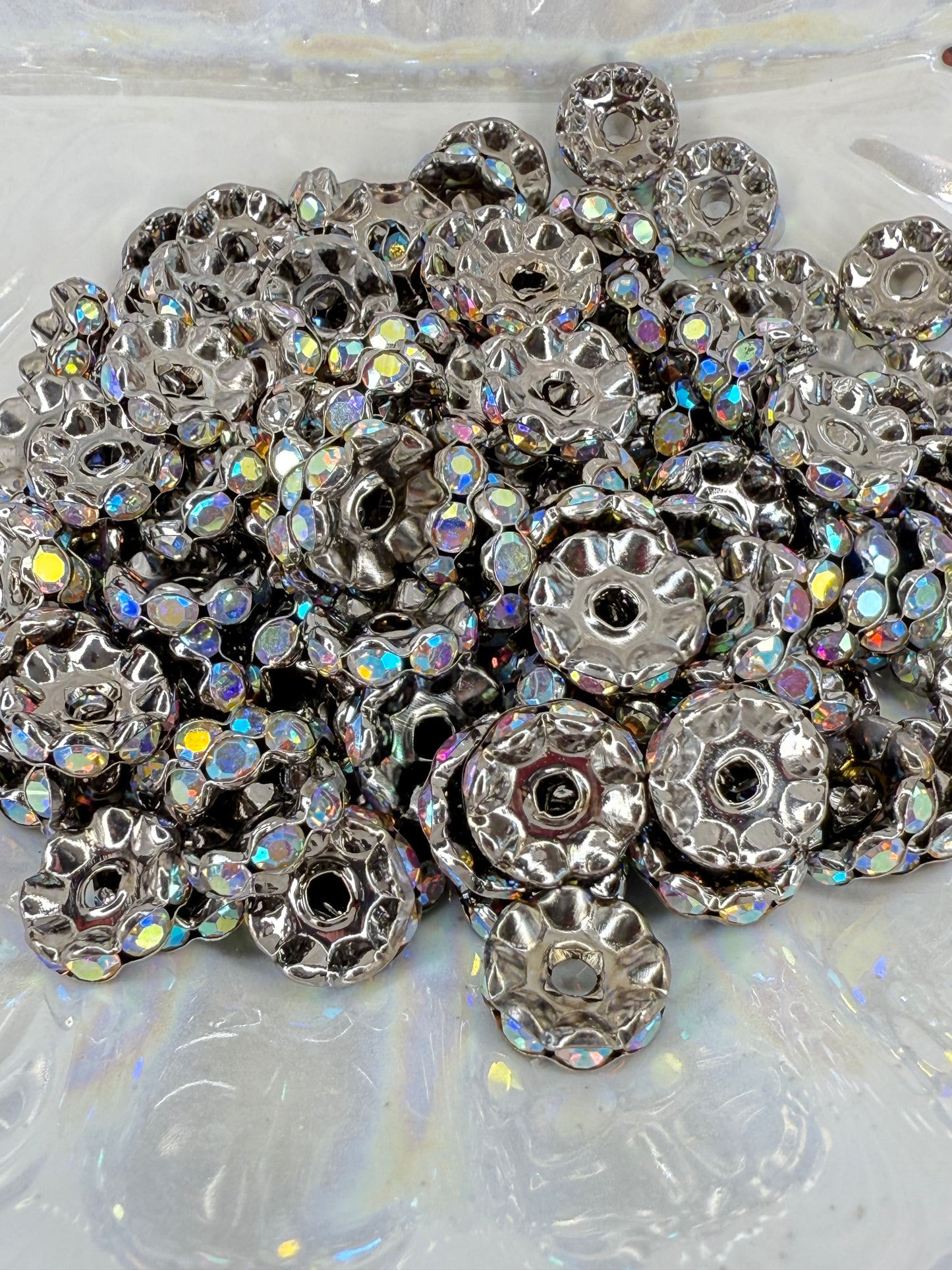 R79-(10PCS) 12mm Charcoal Gray Silver AB Rhinestone Wavy Round Style Acrylic/Plastic Spacer Beads for DIY