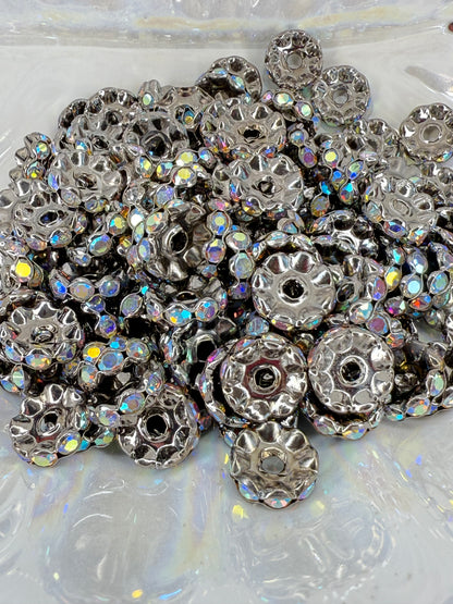 R79-(10PCS) 12mm Charcoal Gray Silver AB Rhinestone Wavy Round Style Acrylic/Plastic Spacer Beads for DIY