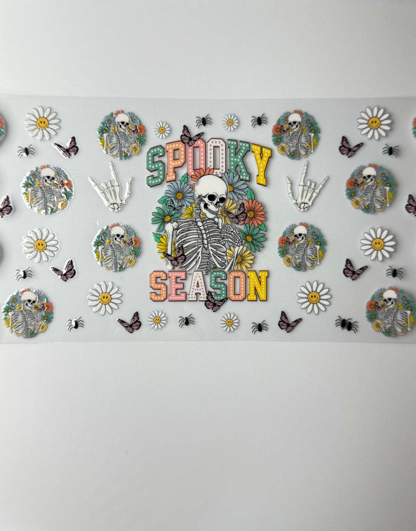 C45- SPOOKY SEASON with colorful skulls, flowers, and butterflies 16OZ UV DTF Transfer Wrap/Sticker for Cup/Tumbler