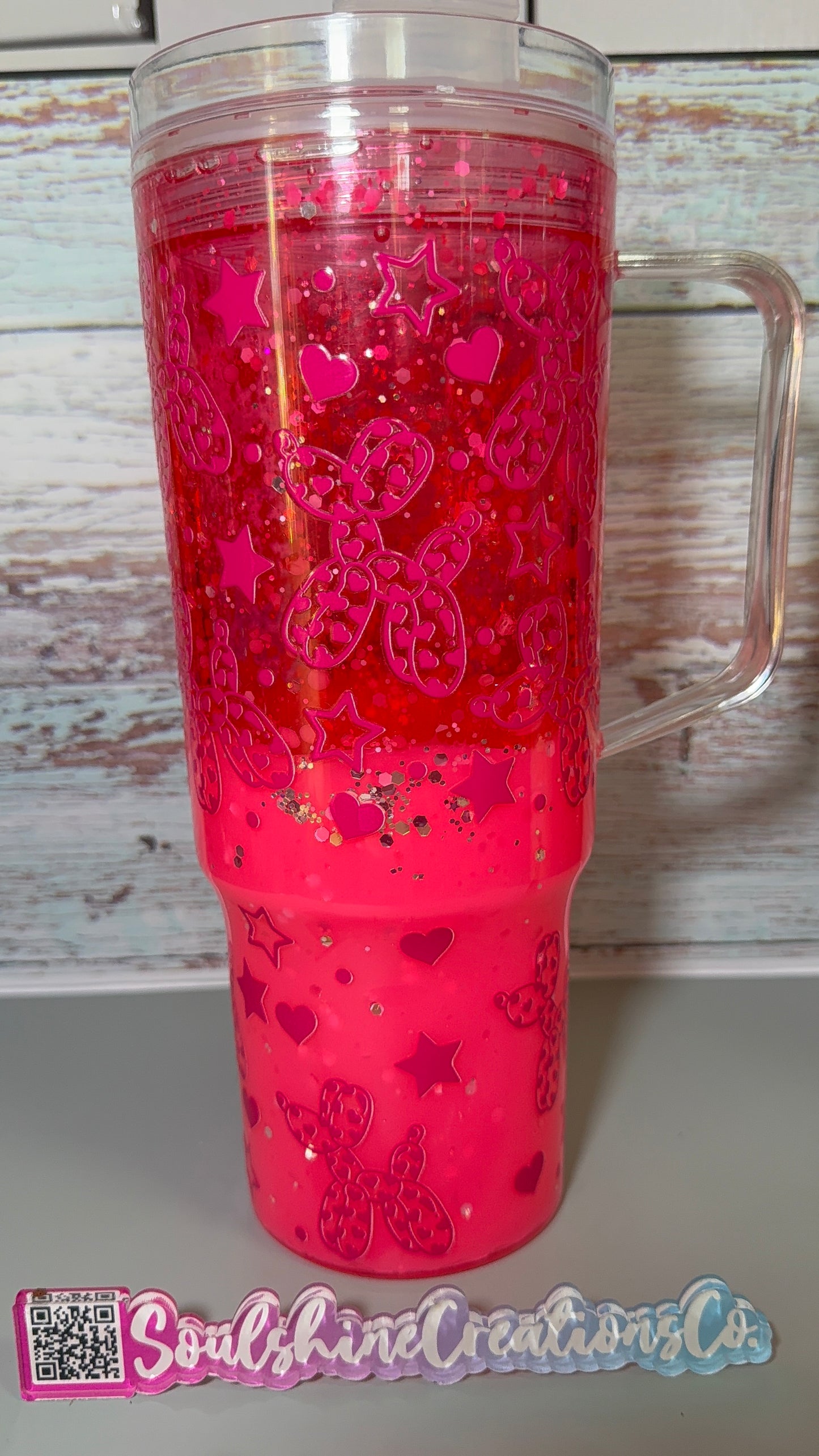 (1)- Ready To Ship Hot Pink DUAL LAVA Balloon Dog 40oz ACRYLIC W/Handle Snow Globe Tumbler
