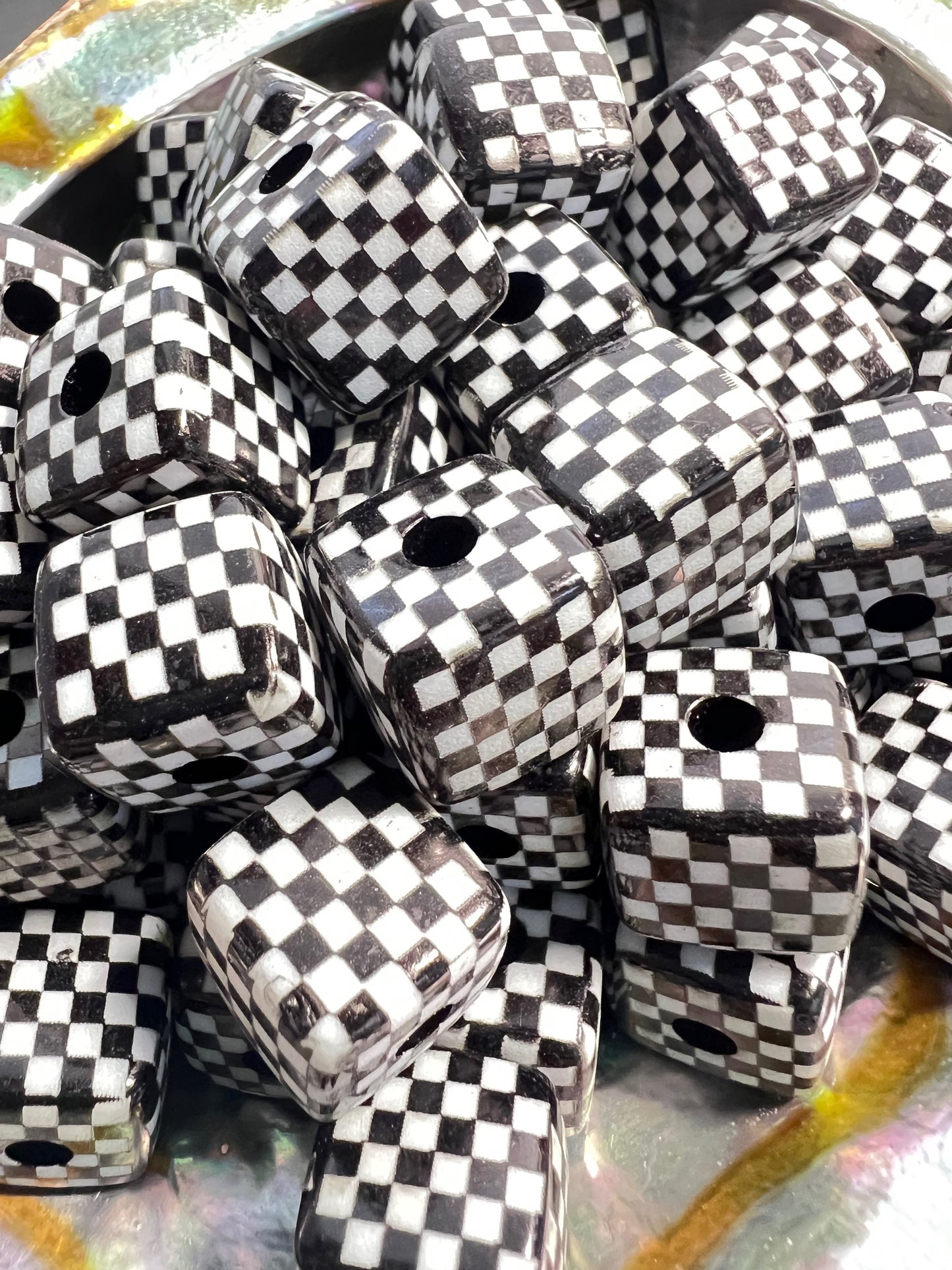 10 PCS- 13mm Black & White Cube/Square Checkered/Gingham Pattern Beads image 1