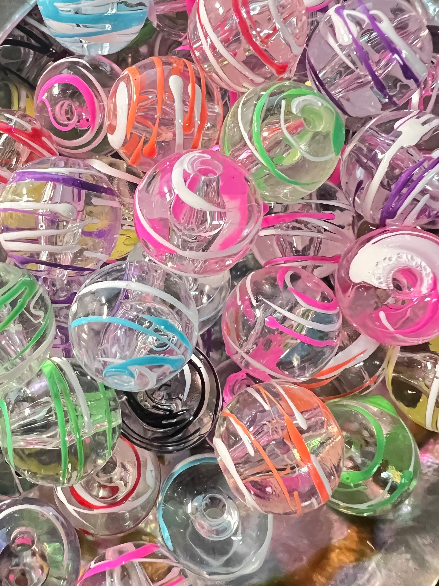 10 PCS- 15mm Round Clear Opaque UV Acrylic Hand painted Neon Color Swirl Beads image 0