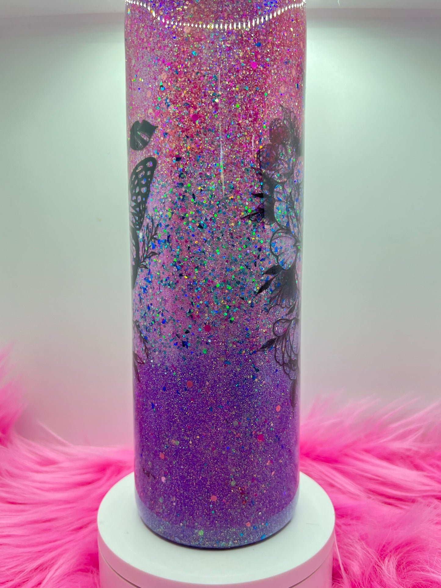  (1)- RTS 30oz Straight BUTTERFLY ROSE purple/pink/silver glitter Epoxy Tumbler image 3