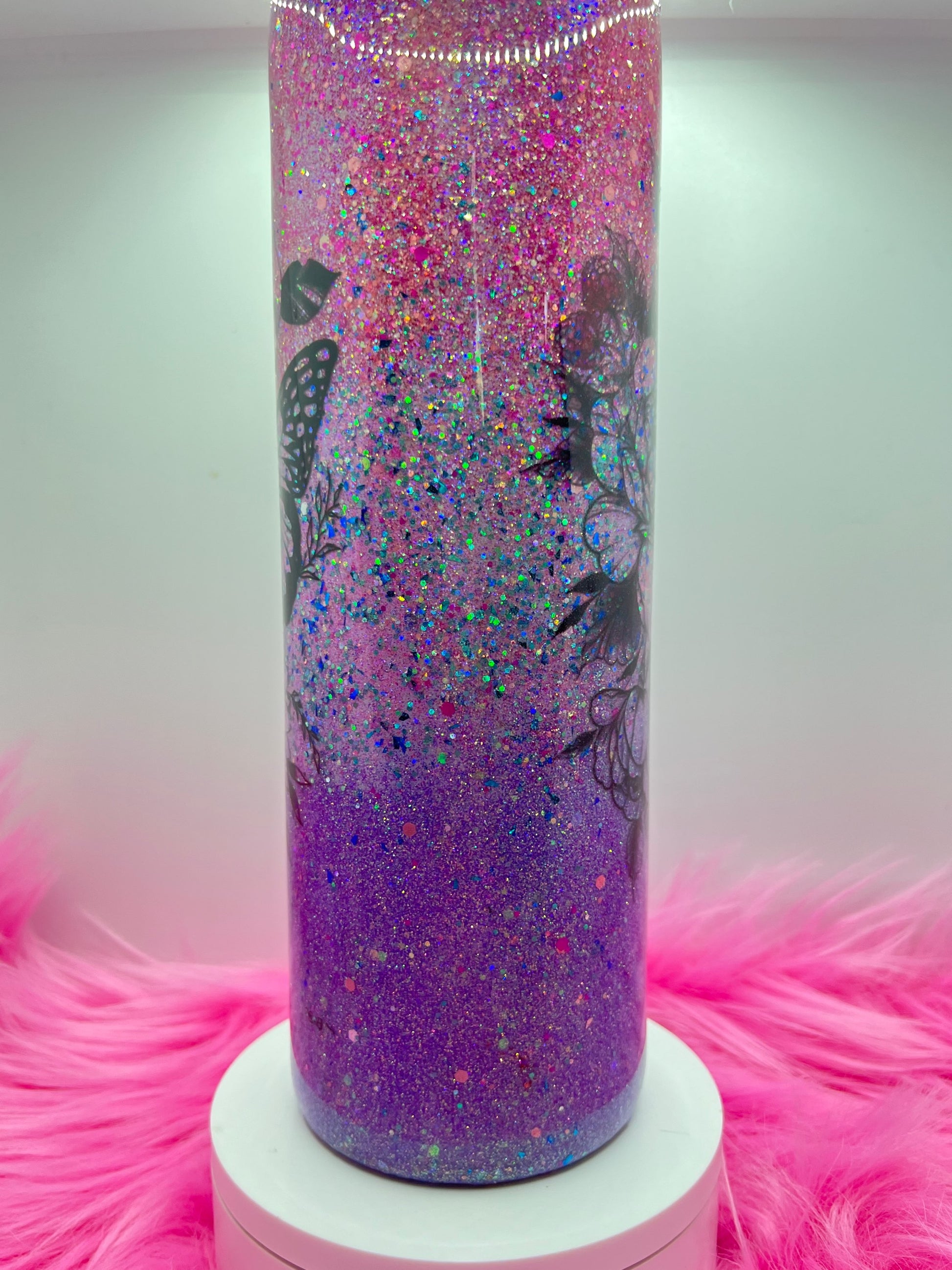 (1)- RTS 30oz Straight BUTTERFLY ROSE purple/pink/silver glitter Epoxy Tumbler image 3