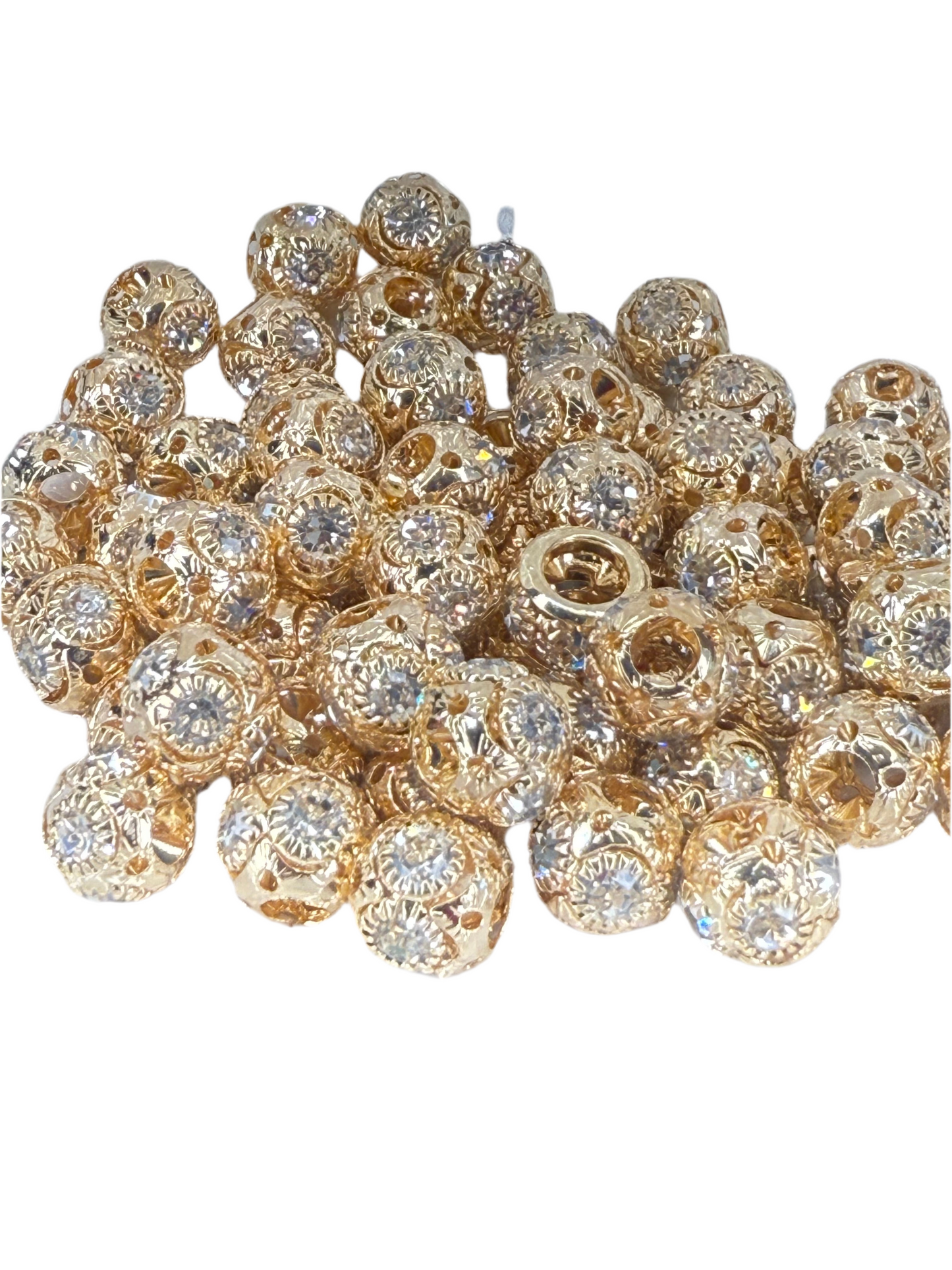 R86-(10PCS) 10mm High-Quality Gold Round W/Rhinestone Alloy Spacer/Wheel Beads for DIY