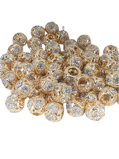 R86-(10PCS) 10mm High-Quality Gold Round W/Rhinestone Alloy Spacer/Wheel Beads for DIY