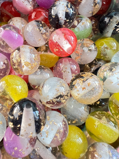 10 PCS- 12mm Round Mixed Colors Clear W/Flower Inside/ Gold Flake Resin Beads image 3