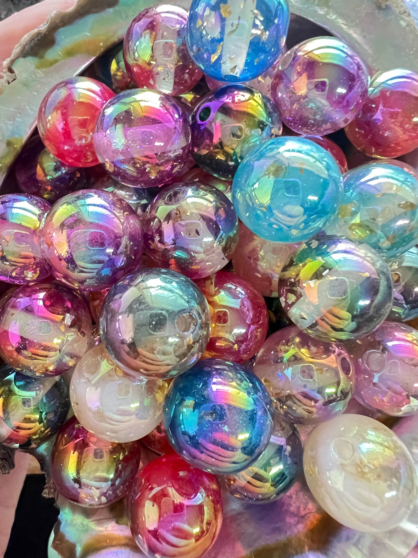 10 PCS- 16mm Round Mixed UVAB Colors Clear W/Gold Glitter Flake Galaxy  Beads image 0