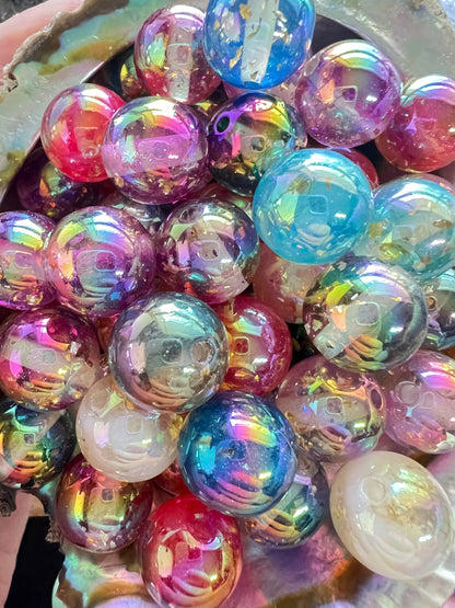 10 PCS- 16mm Round Mixed UVAB Colors Clear W/Gold Glitter Flake Galaxy  Beads image 0