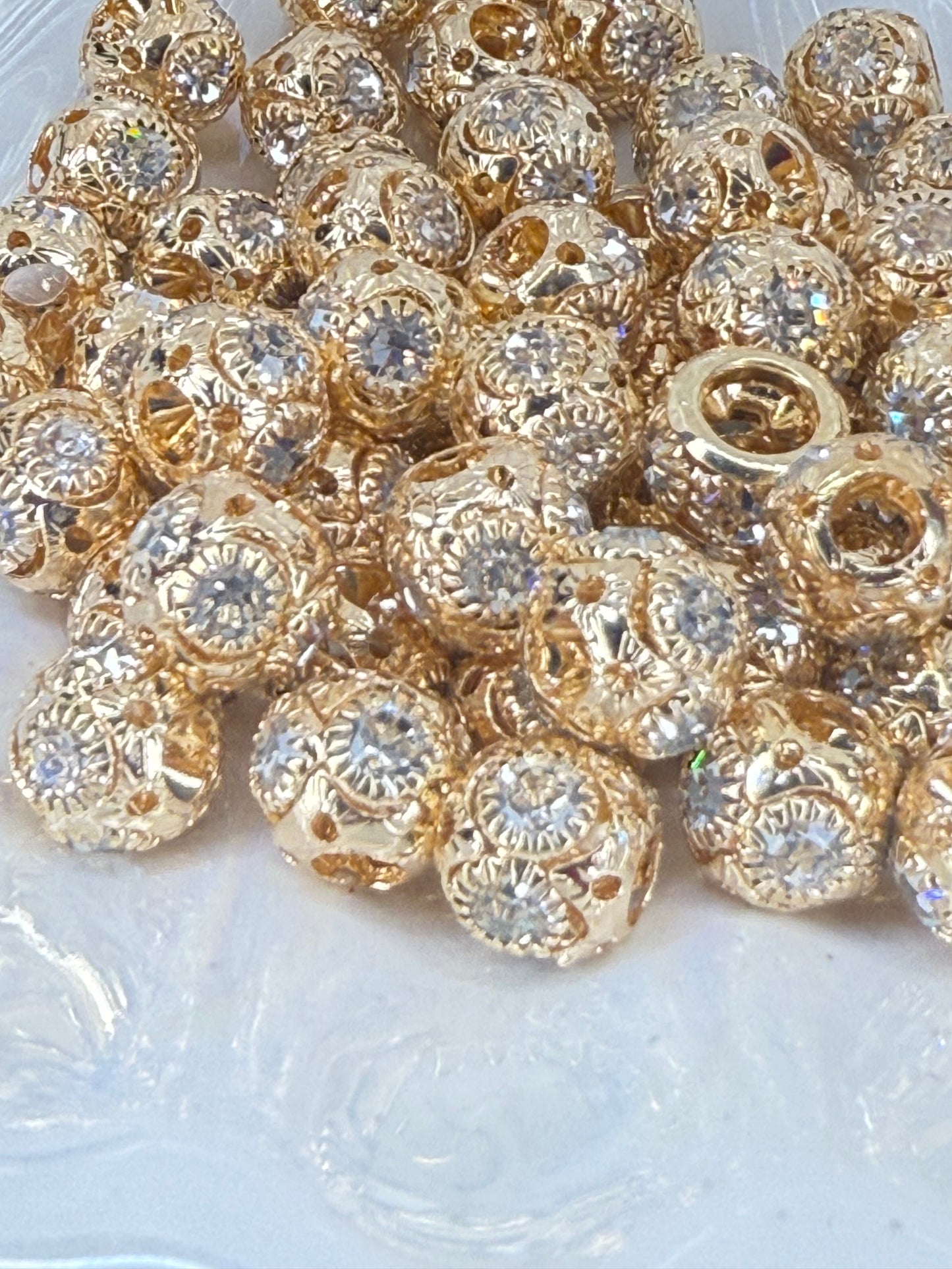 R86-(10PCS) 10mm High-Quality Gold Round W/Rhinestone Alloy Spacer/Wheel Beads for DIY