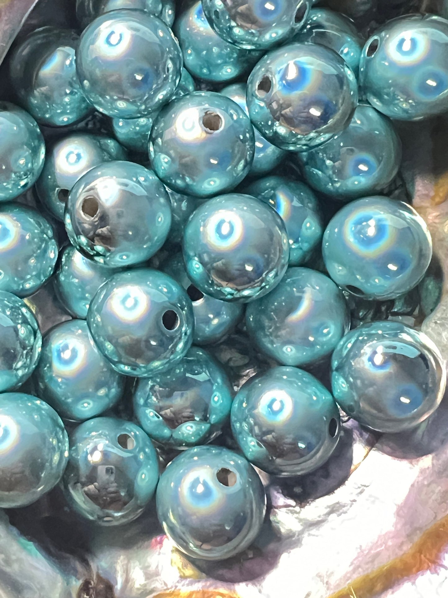 10 PCS - 16mm Teal/Tiffany Blue Glossy Holographic/Metallic Acrylic Beads image 0