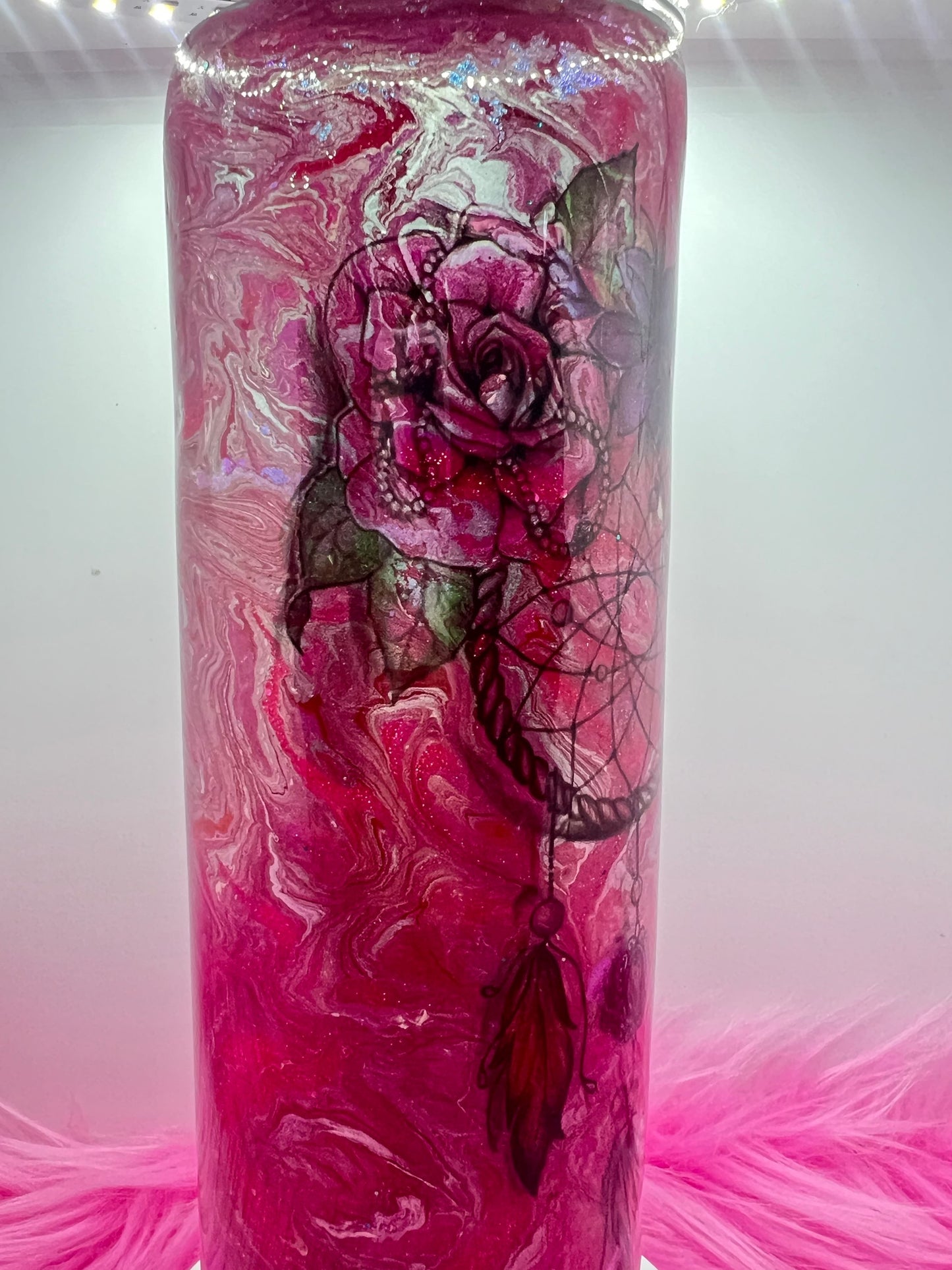 (1)- RTS 30oz Straight Dreamcatcher Rose Pinks/Silver ink/glitter Epoxy Tumbler image 1