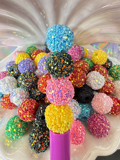 R5- (10PCS) 15mm Mixed Color Bubblegum Acrylic Sugar Beads Coated with Glitter Flakes Beads for DIY