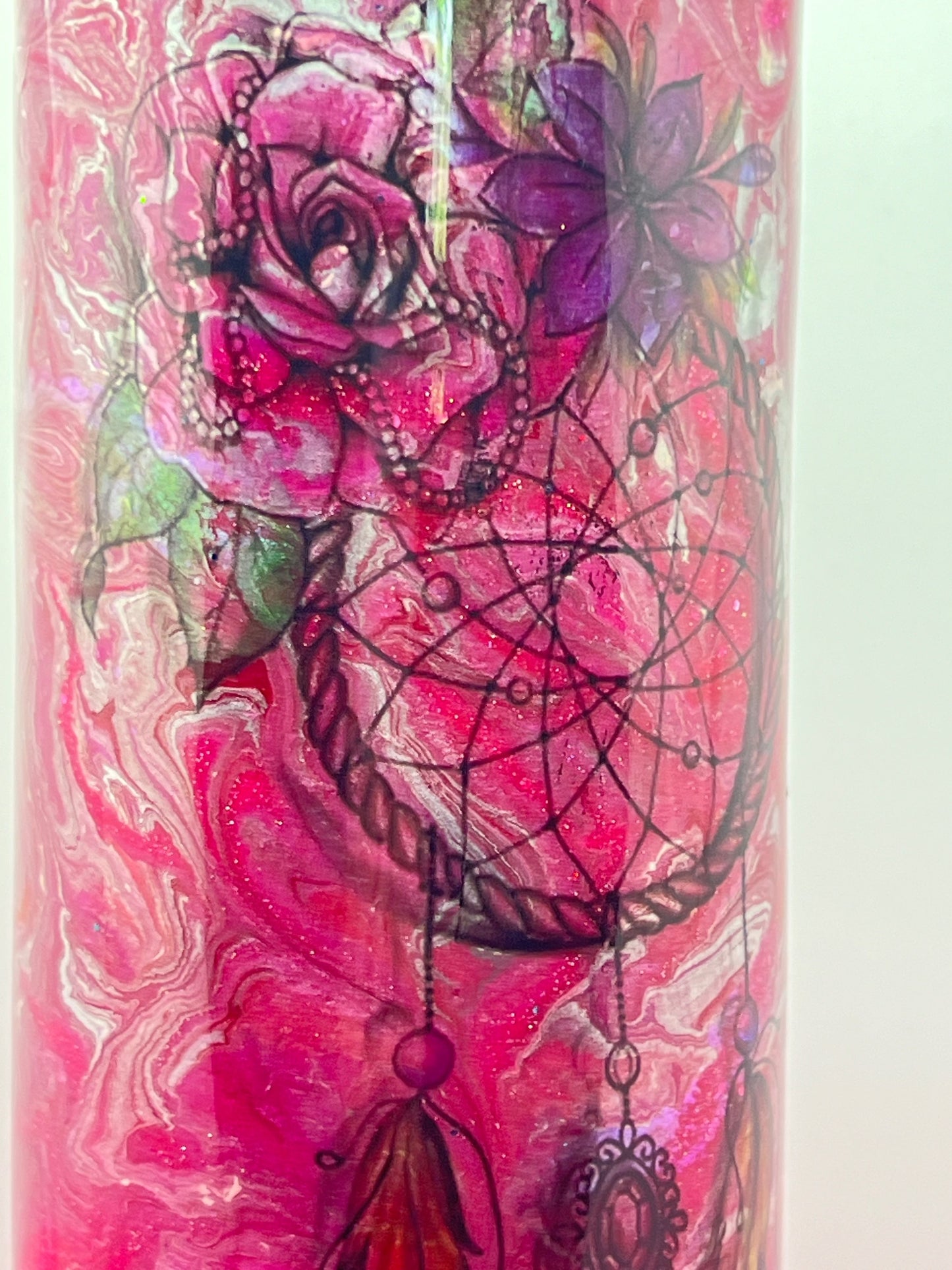 (1)- RTS 30oz Straight Dreamcatcher Rose Pinks/Silver ink/glitter Epoxy Tumbler image 2