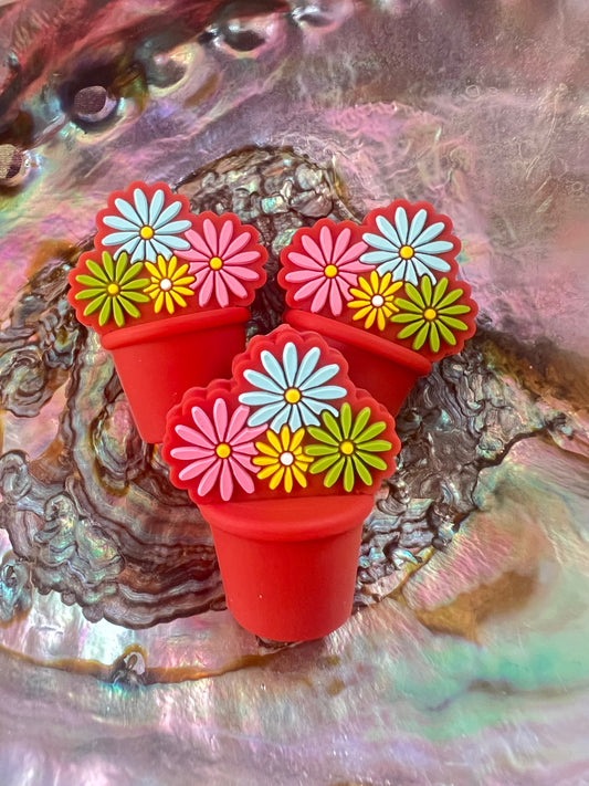 (1)PC - Flower Pot W/Colorful Flowers Silicone Focal Bead image 0