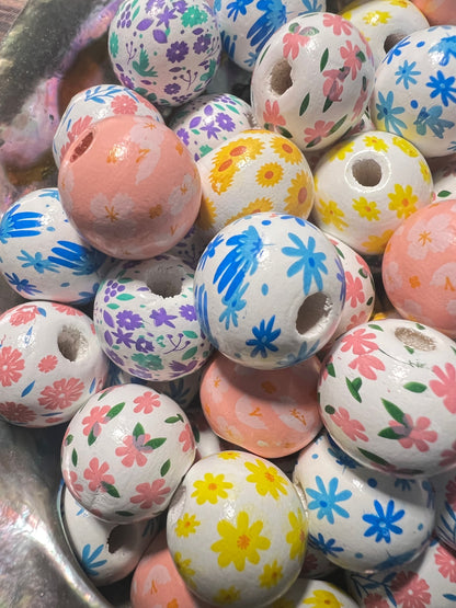 10 PCS-  16mm Multicolored FLORAL  print Round Wooden Beads image 2