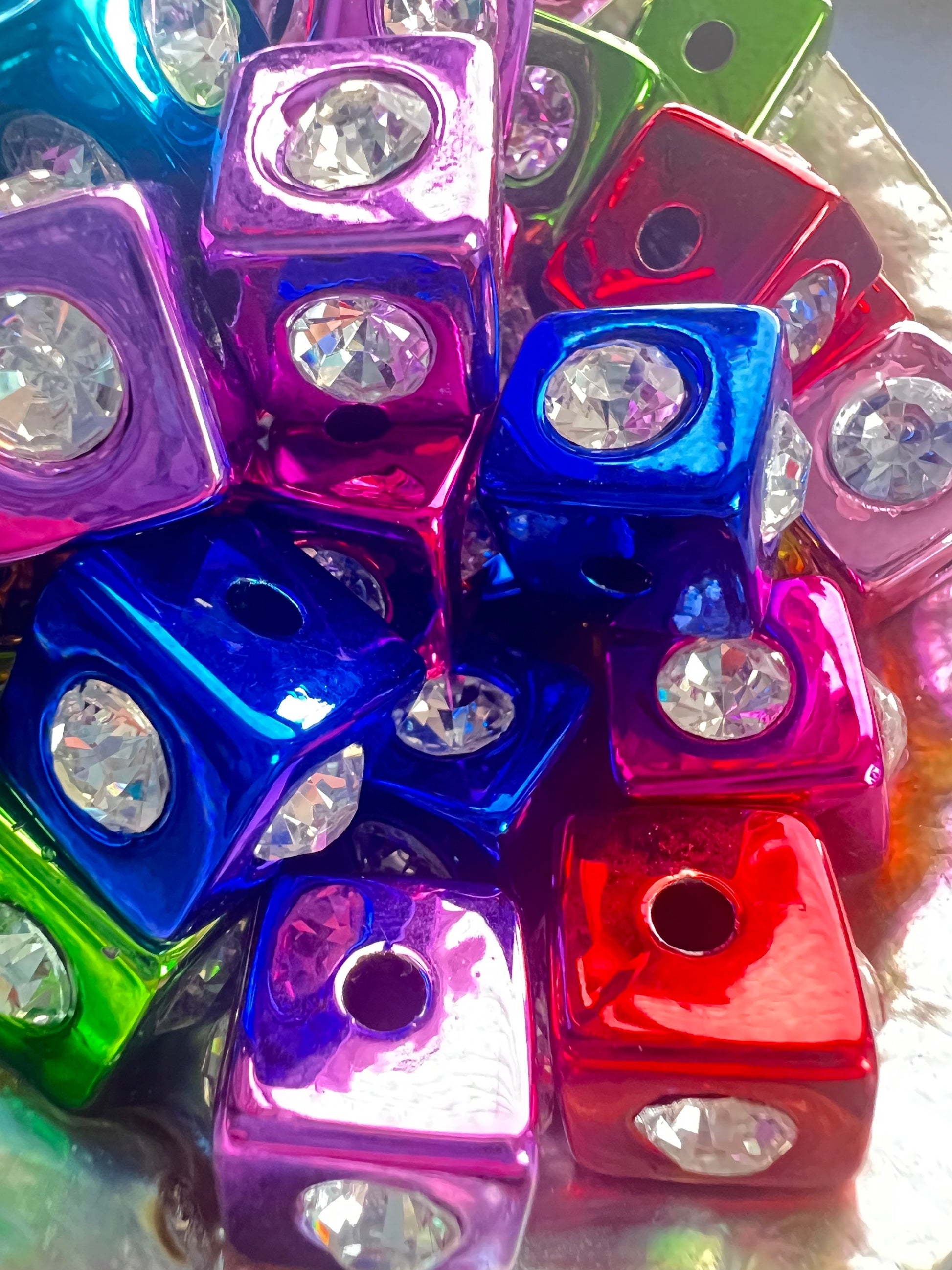 10 PCS - 14mm Metallic Multi colored Rainbow Rhinestone Cube/Square Beads image 1