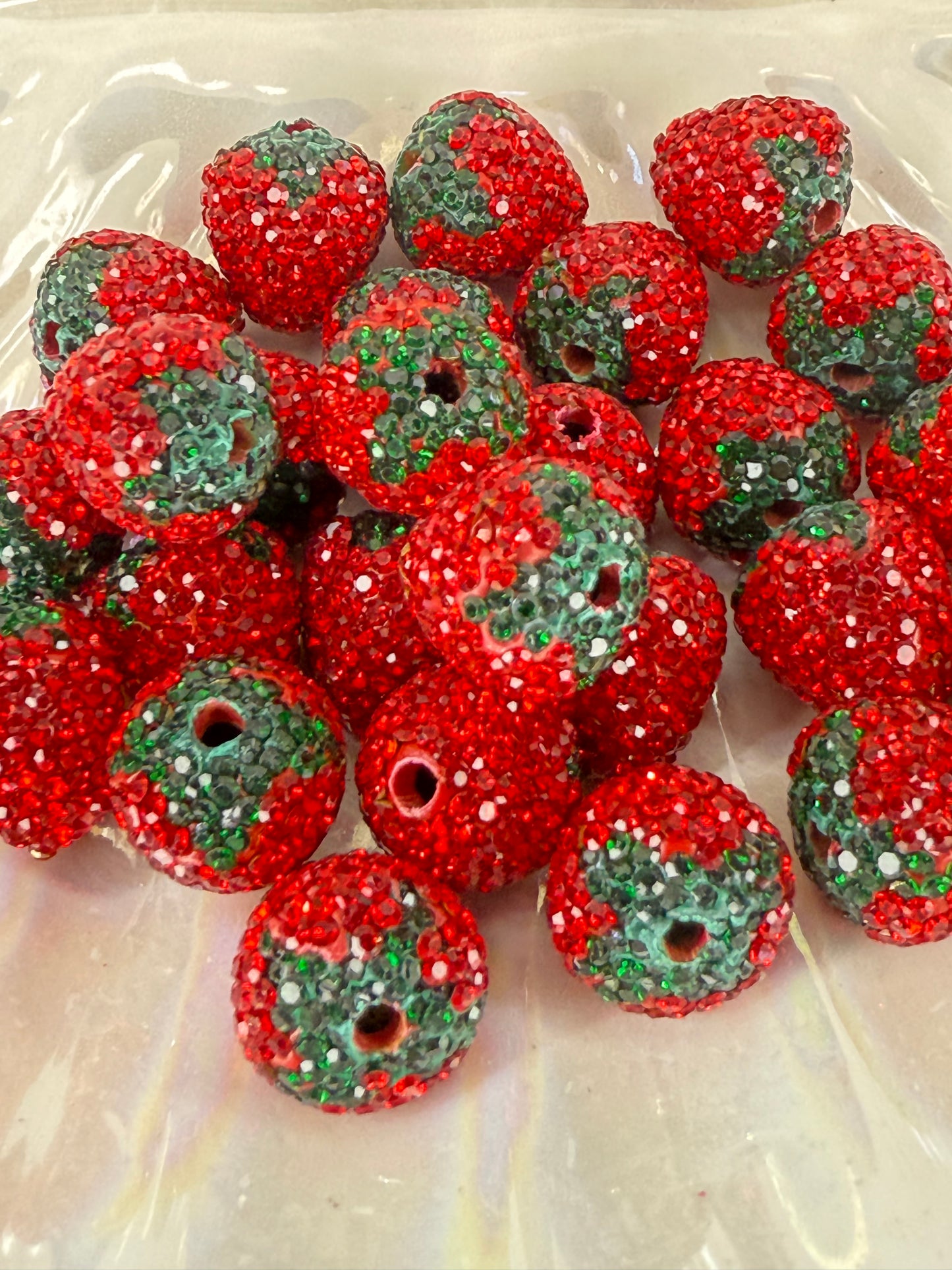 R53- (5PCS) 17mm Bright Red W/Green Strawberry Pave-rhinestones with Polymer Clay Core Beads for DIY