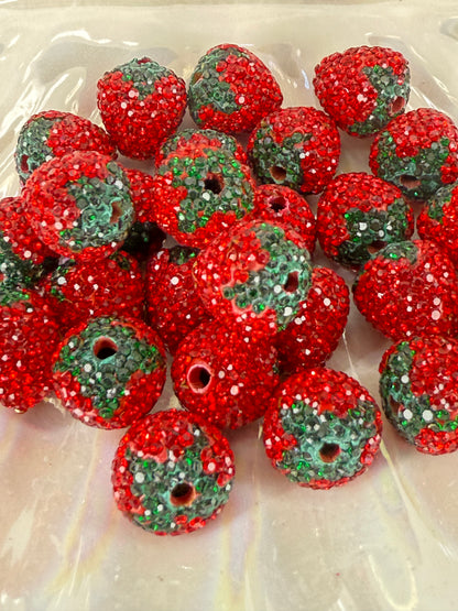 R53- (5PCS) 17mm Bright Red W/Green Strawberry Pave-rhinestones with Polymer Clay Core Beads for DIY