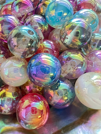 10 PCS- 16mm Round Mixed UVAB Colors Clear W/Gold Glitter Flake Galaxy  Beads image 2