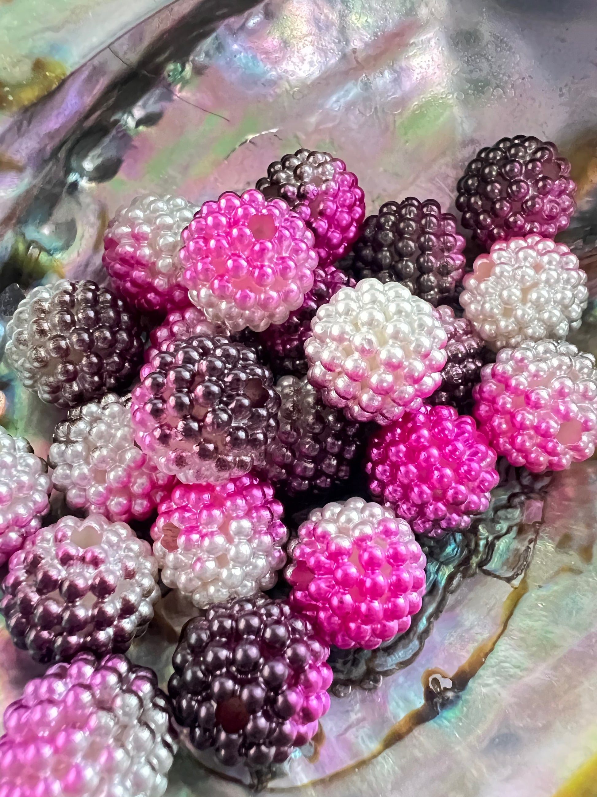 10 PCS - 15mm Fancy Round Pink/Blk/White /Pearl Acrylic Beads image 0