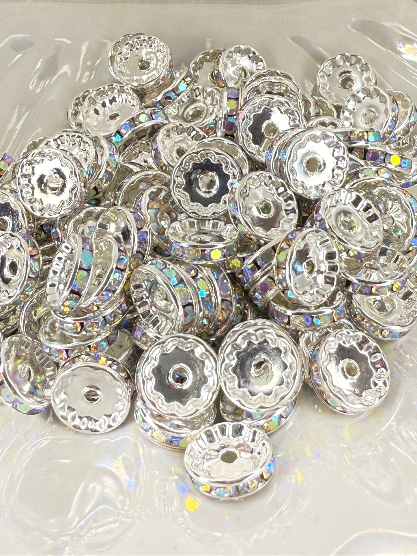 R76-(10PCS) 12mm SILVER AB Rhinestone Round Style Acrylic/Plastic Spacer Beads for DIY
