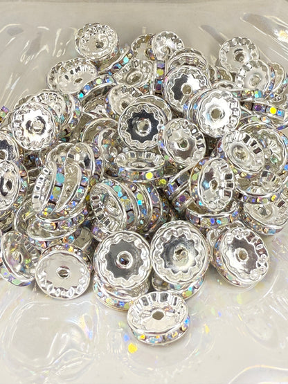 R76-(10PCS) 12mm SILVER AB Rhinestone Round Style Acrylic/Plastic Spacer Beads for DIY
