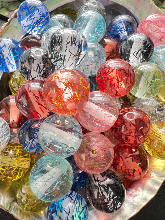 10 PCS- 16mm Clear Round with Strips of Colored Glitter Sparkly Acrylic Beads image 0