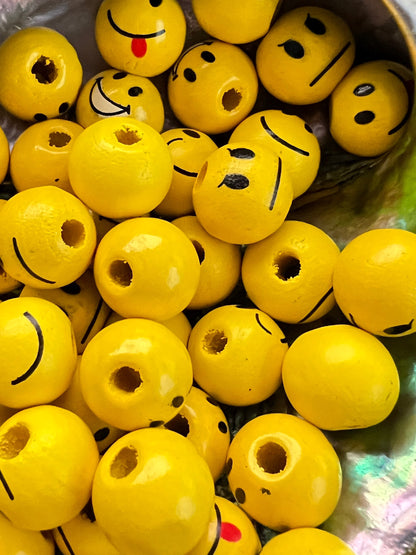10 PCS- 12mm Smaller Round Wooden Yellow EMOJI beads/Mixed Faces image 1