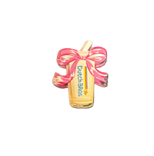 F/ACR51- (1)PC 1" Dutch Bros Iced Coffee W/Pink Bow Acrylic Focal Bead for DIY Pens, Keychains, Wristlets, Cup Charms, Car Charms ETC