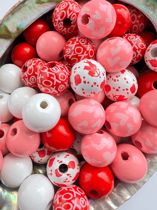 10 PCS-  16mm Multicolored Valentine XOXO/Cupid/Hearts Round Wooden Beads MIX image 0
