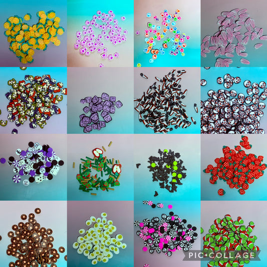 POLYMER CLAY SLICES/ GLITTER SHAPES/ TOPPERS FOR CUSTOM CUPS