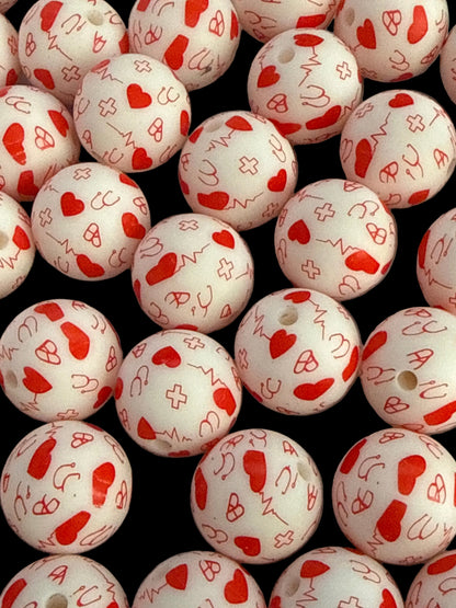 SILB9- (10PCS) 15mm Round Red/White Nurse Stethoscope/Heartrate/Heart mix of SILICONE beads for DIY