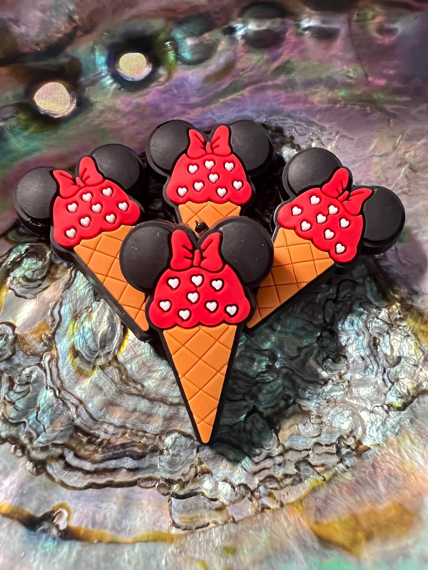(1)PC- Mouse Ear Ice Cream Cone Red/Blk W/Hearts Silicone Focal Bead image 0