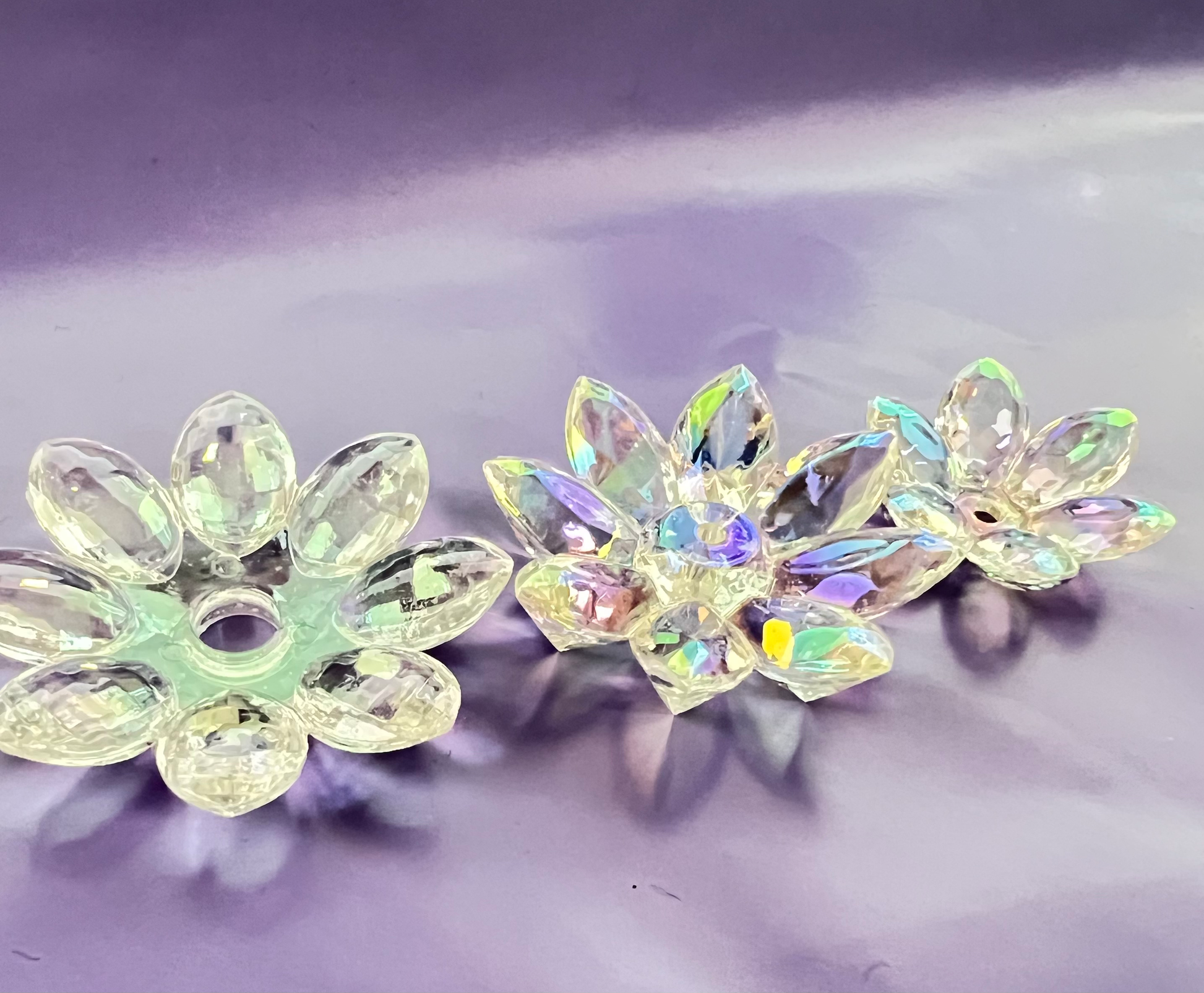 5 SETS-15 Pieces 38mm Lotus Flower Beads Clear UVAB Iridescent Rainbows image 3