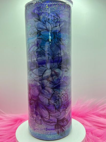 (1)- RTS 20oz Straight FLORAL purple/blue MILKY WAY ink/glitter Epoxy Tumbler image 0