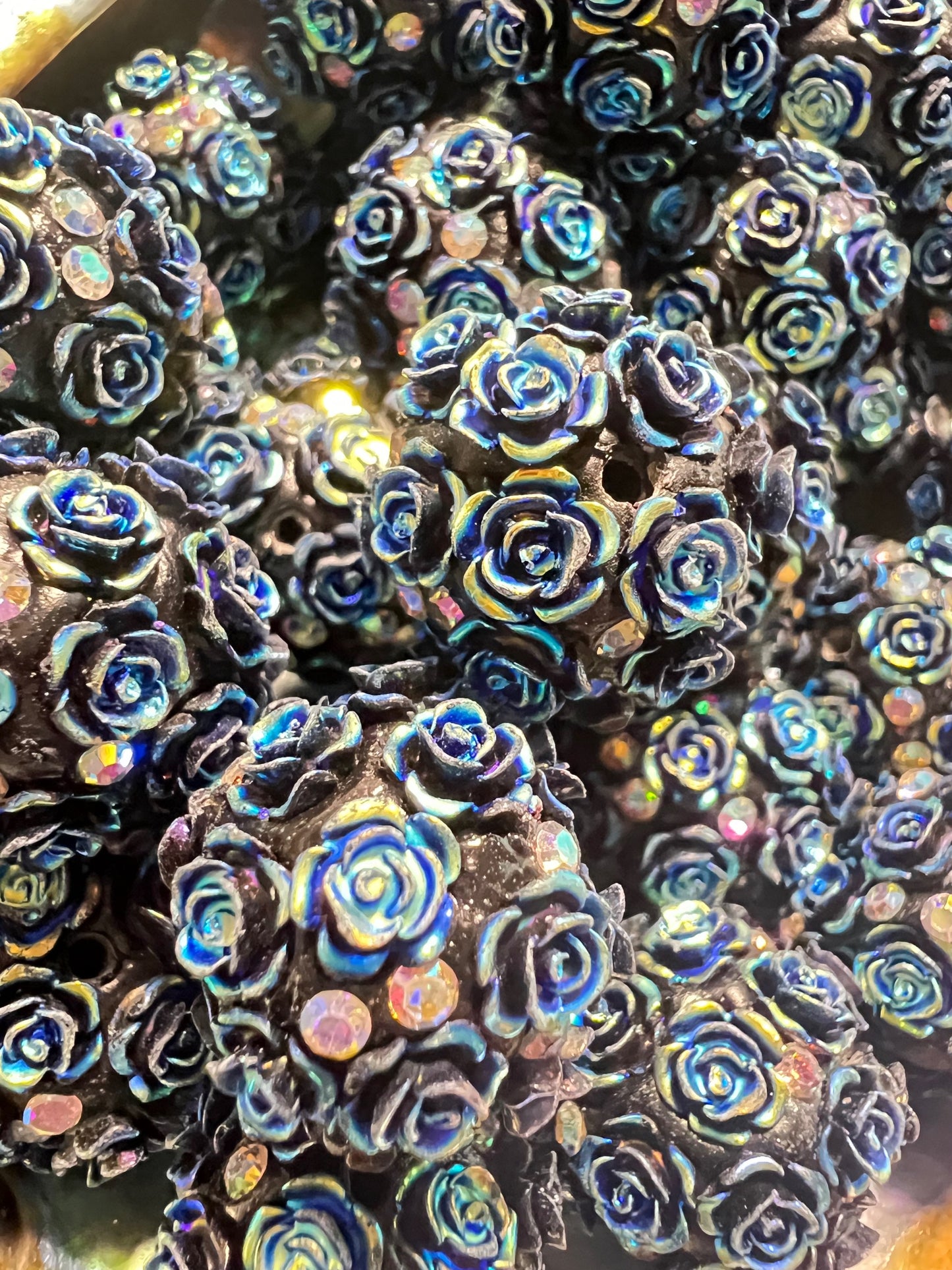 5 PCS- 18mm Fancy Round Black AB Roses/Rhinestones Clay Beads image 0
