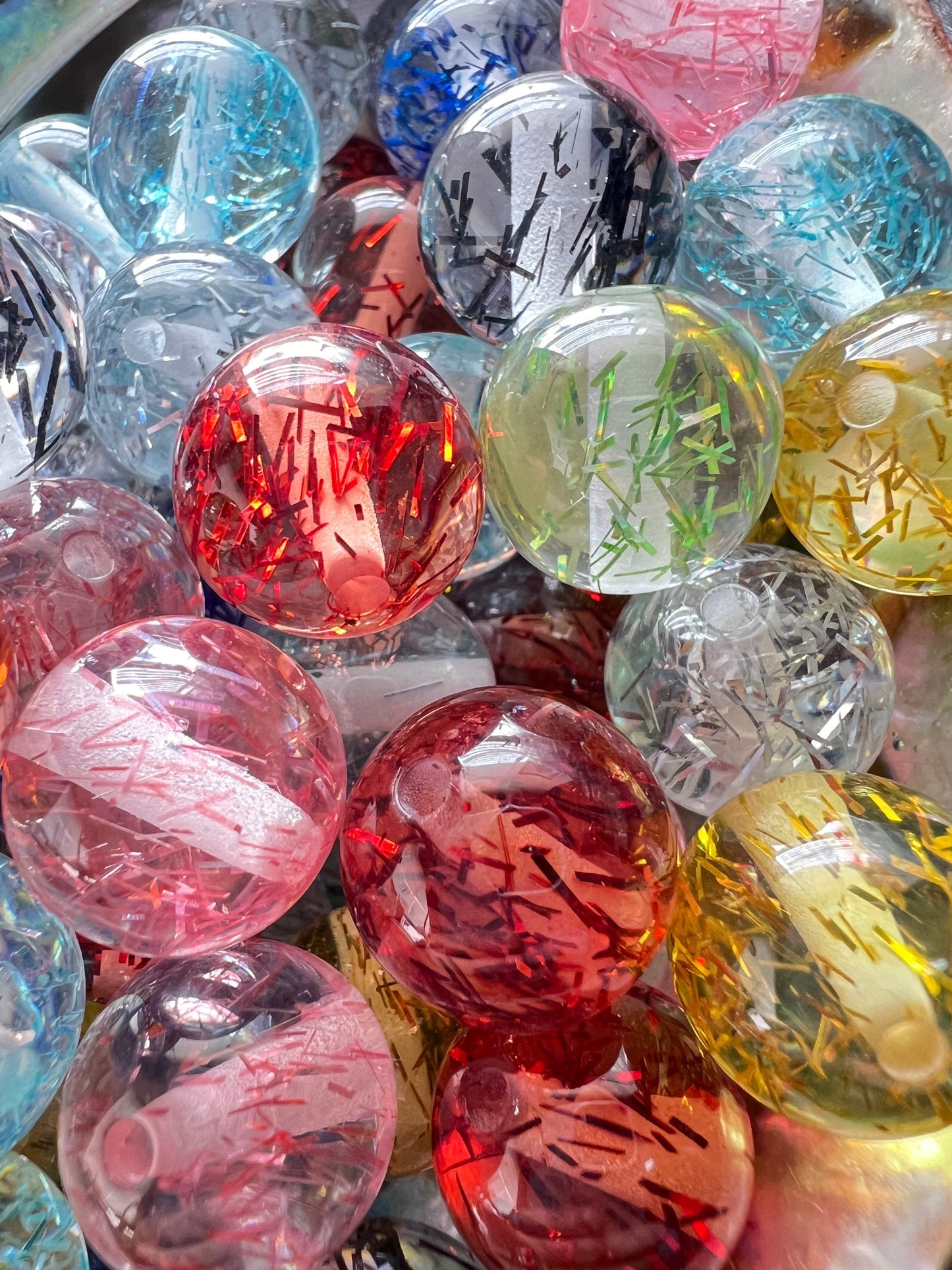 10 PCS- 16mm Clear Round with Strips of Colored Glitter Sparkly Acrylic Beads image 2