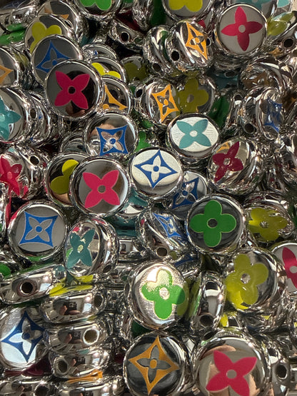 (10 PCS)- 18mm Flat Round Fashion LoVe Silver/Chrome W/Multicolor Design Acrylic Beads for DIY