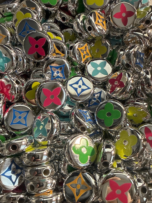 (10 PCS)- 18mm Flat Round Fashion LoVe Silver/Chrome W/Multicolor Design Acrylic Beads for DIY